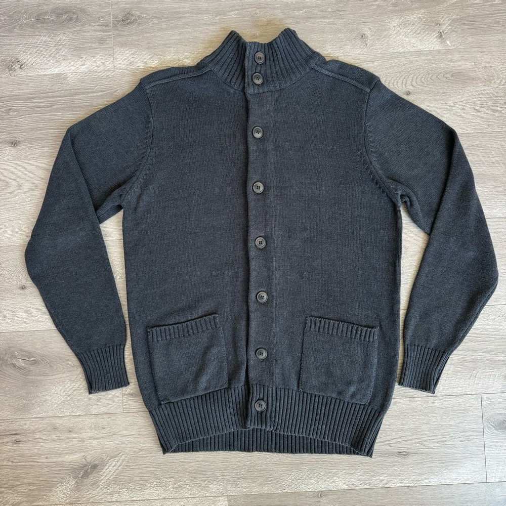 Oscar de la Renta Funnel Mock Neck Button Front Cardigan Academia Gray Sz M